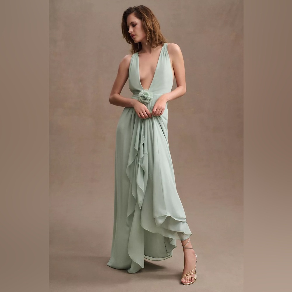 Ronny Kobo Angel Plunge V-Neck Chiffon Gown